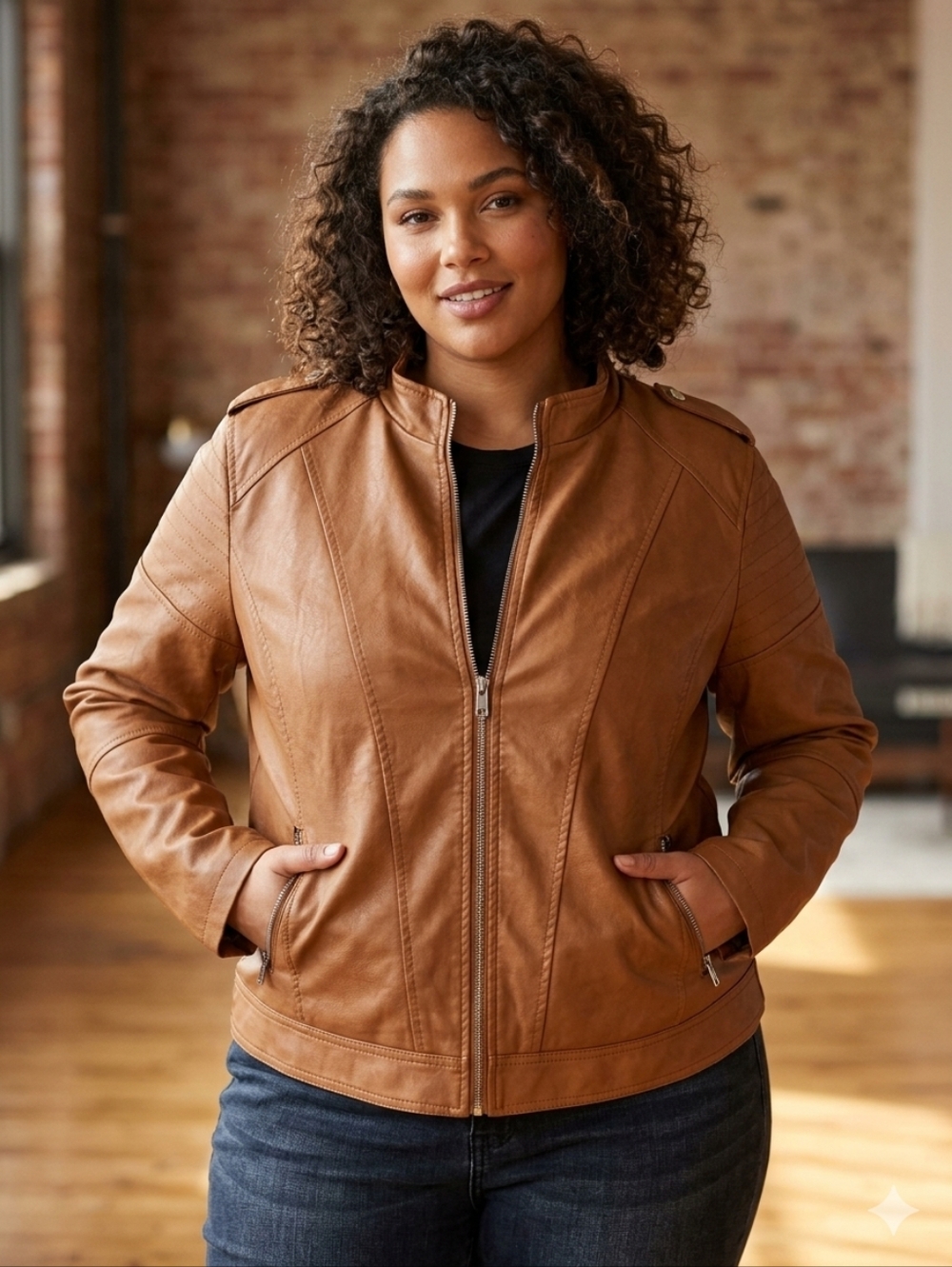 Women's Brown Leather Zip-Up Jacket with Epaulet Details